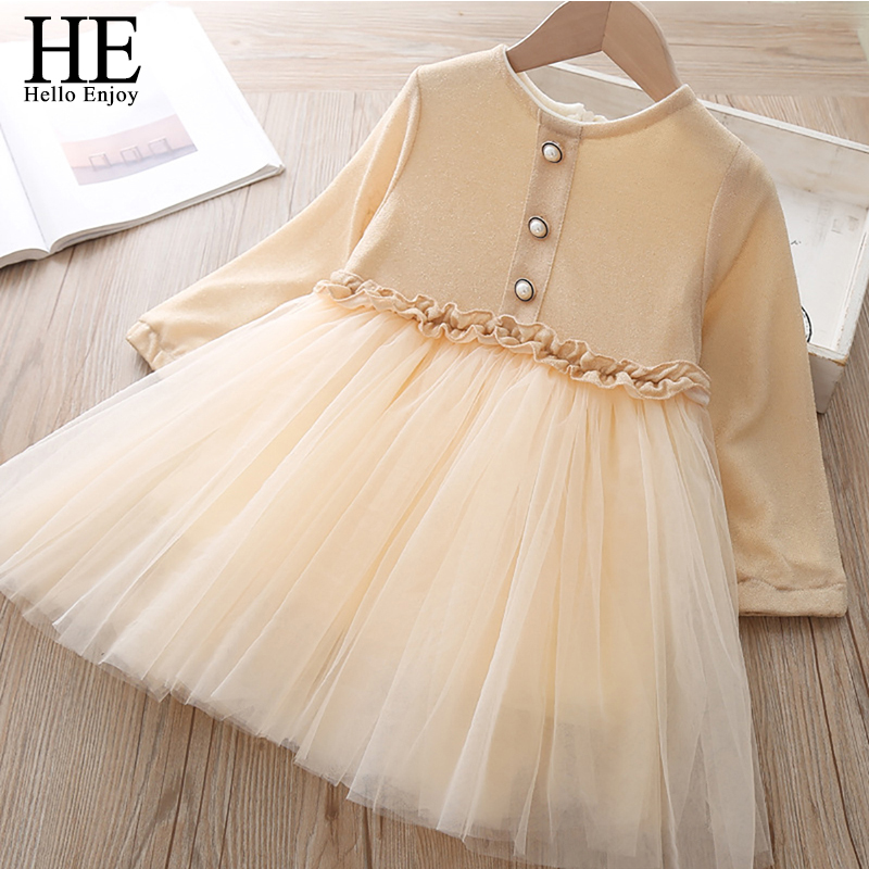 

HE Hello Enjoy 2020 Autumn Winter Girls Long Sleeve Plus Velvet Princess Dress Warm Mesh Princess Dresses Kids Children Clothes, Beige