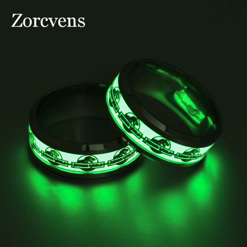 

ZORCVENS Luminous Rings For Men Gold Color Dinosaur Glow in the Dark Rings Female Stainless Steel Wedding Ring Party Jewelry