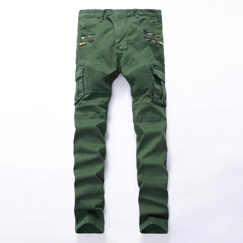 

Men's fashion Multi Pocket hole ripped jeans Casual Zipper patchwork straight slim Army green hip hop denim pants Long Jeans Men, 1677 light green