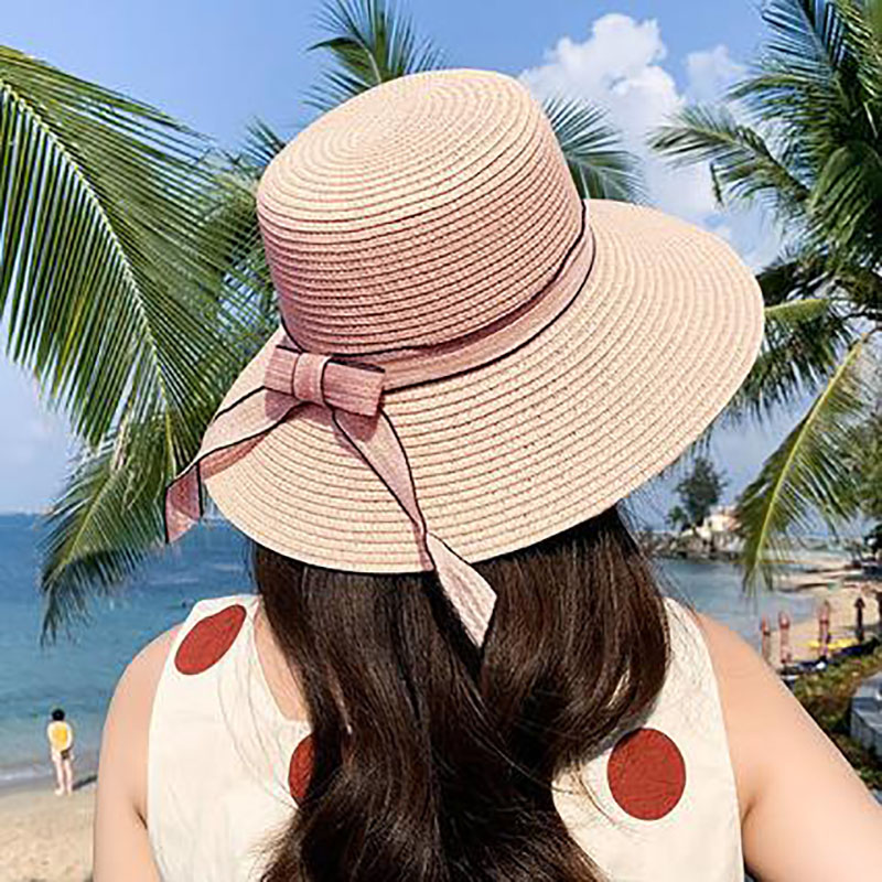 

Sun straw hats for Women Wide Brim Ribbon Bow Beach hat female fashion UV UPF Sun Protection hats for travel New trend sweet hat, G262 03