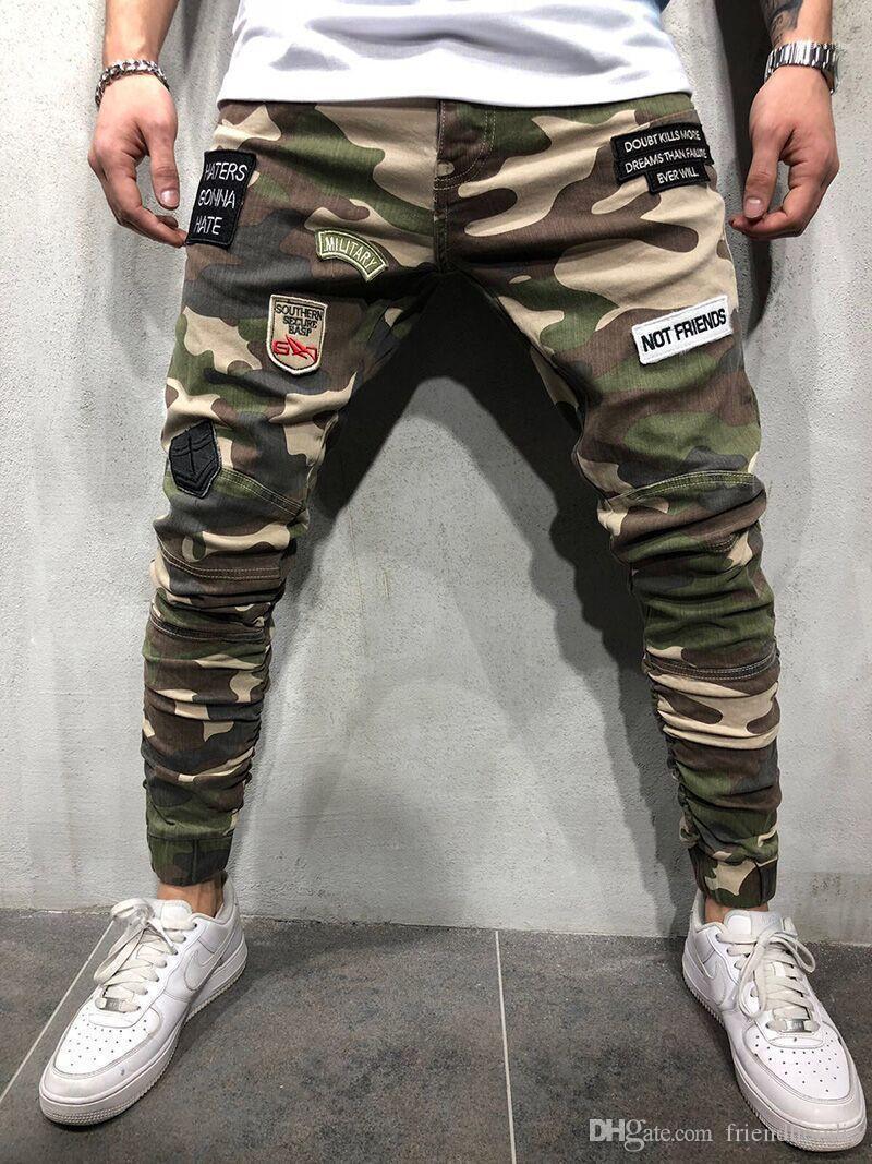 

Long Stretch Jeans Patches Mens Pencil Pants Fashion Cool Army Green Mens Trousers Camouflage Skinny Mens