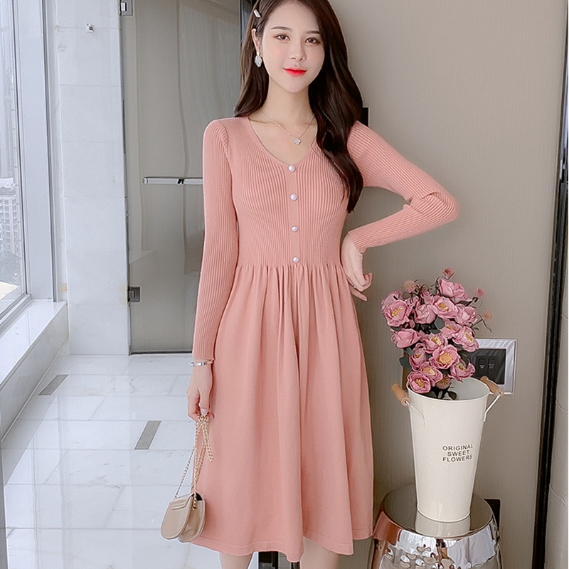 Autumn winter knitted dress women long-sleeved single-breasted sweater dress ladies casual elegant A-line elastic midi-image-580363948