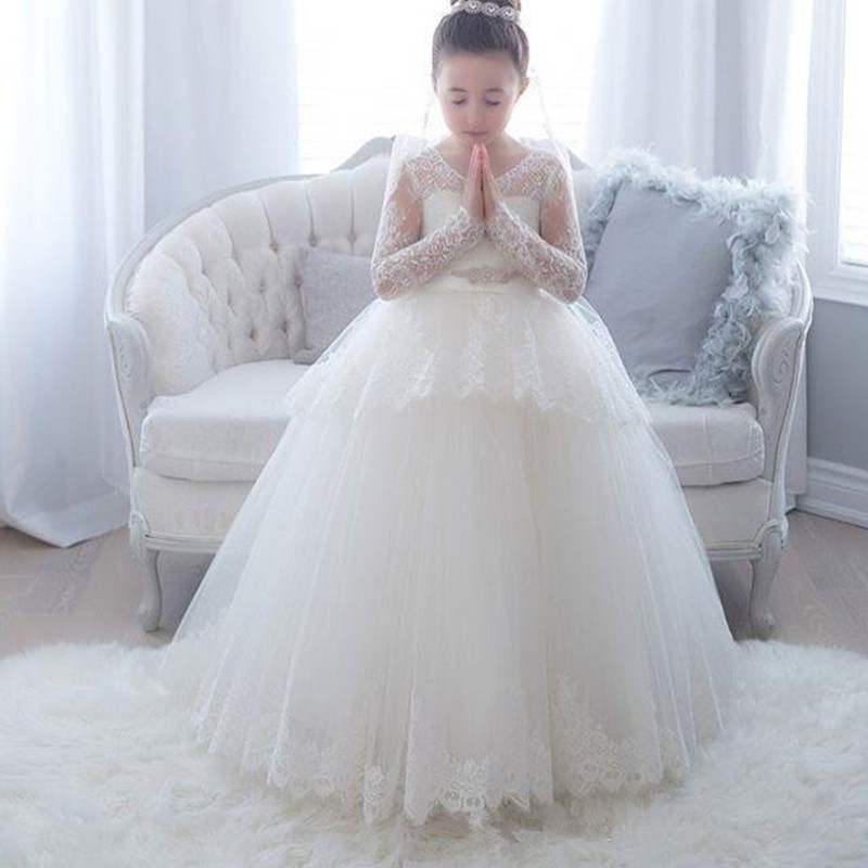 

Lace Long Sleeve Flower Girls Dresses 2020 Scoop Ball Gown Princess Little Girls Wedding Party Dress First Communion Gowns, White as image