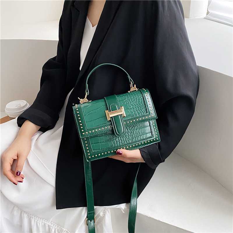 

Green rivet pu leather shoulder bag female 2020 fashion brand designer luxury handbag single shoulder messenger handbag female, Beige
