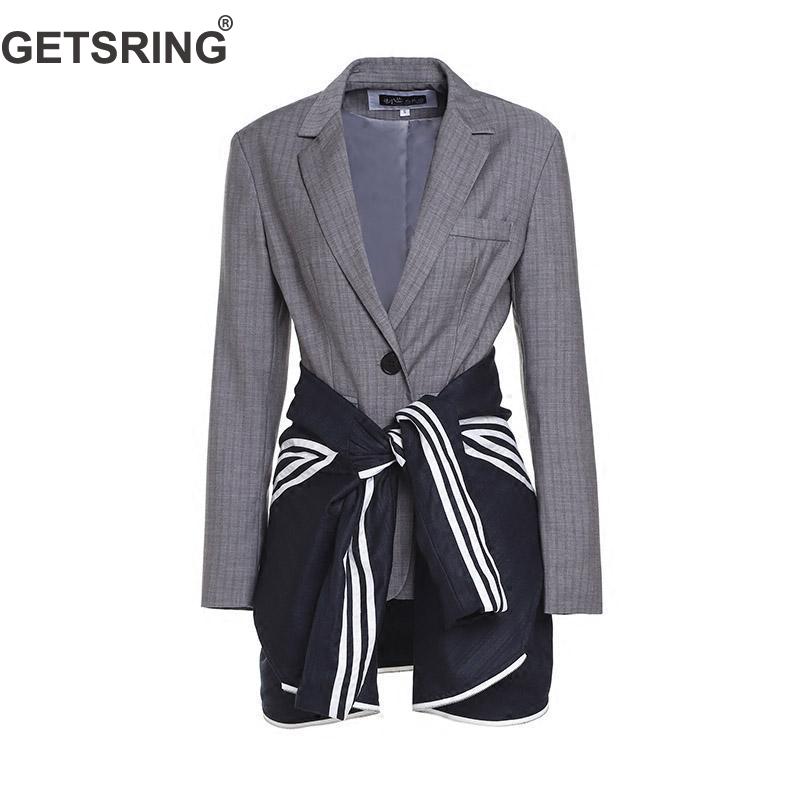 

GETSRING Women Suit Blazer Long Sleeve Single Breasted Suit Coat Striped Bangage Fake Two Blazers All Match Woman Tops Spring, Gray