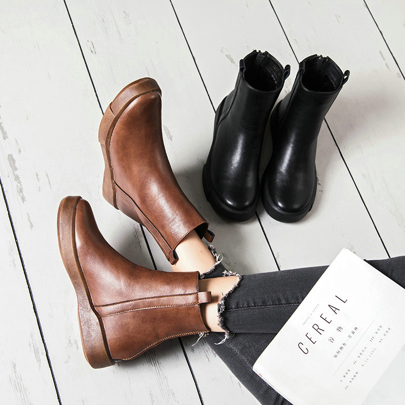 

2020 Botas Women Motorcycle Mid-Calf Boots Wedges Female Platforms Autumn Winter Leather Woman Shoes, Brown