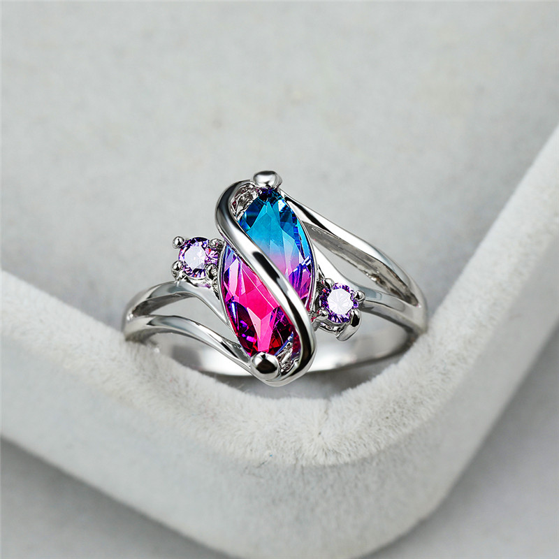 

Charm Female Blue Crystal Stone Ring Vintage Silver Color Wedding Rings For Women Promise Zircon Leaf Engagement Ring