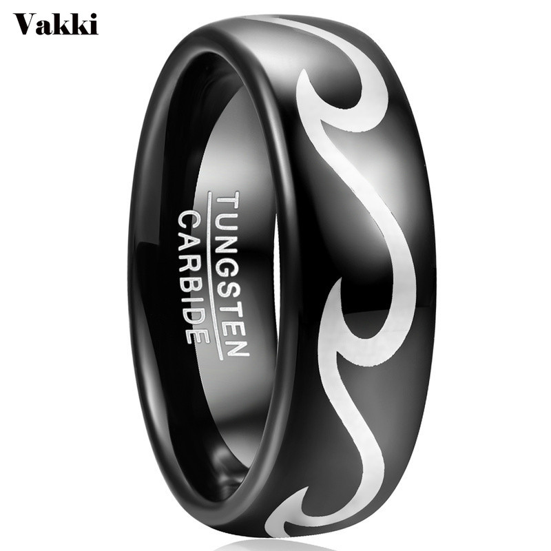 

VAKKI 8mm Men's Ring Wedding Band Engagement Ring Black Tungsten Steel Laser Wave Pattern Tungsten Carbide