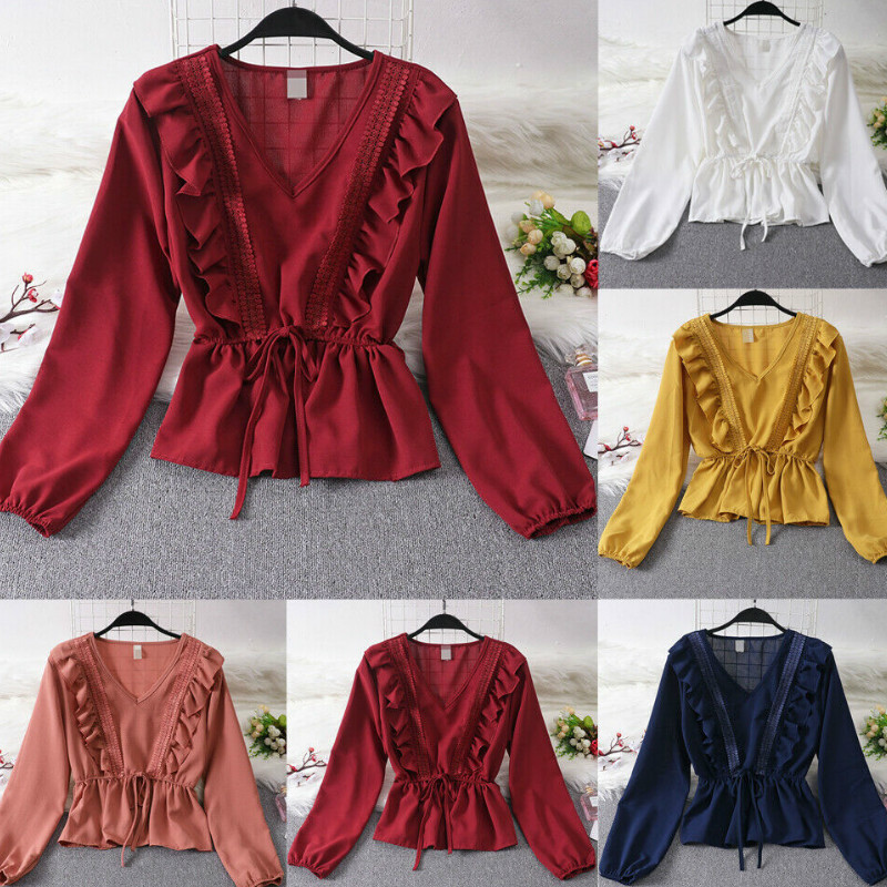 

Sexy Casual Women´s Blouse V-neck Lace Vintage Spring Blouses Summer Solid Slim Fashion Ruffles Shirt, Blue