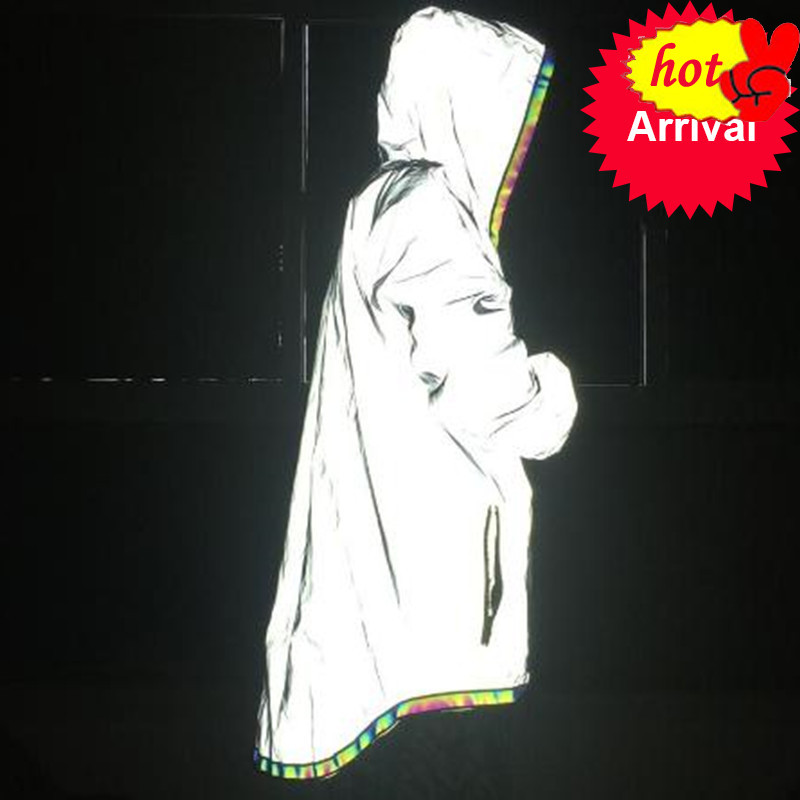 

long New Men section colorful full reflective Hooded jackets Streetwear hip hop Dancer Windbreaker waterproof casual Coats, Red