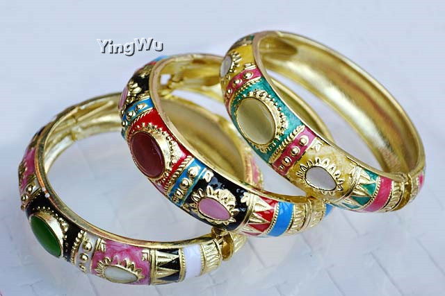 

Yingwu Floral Cloisonne Bracelets & Bangles Cuffs Chinese Enamel Cat Eye Round Bangles Women Jewelry Bijoux Femme 10pcs Lot
