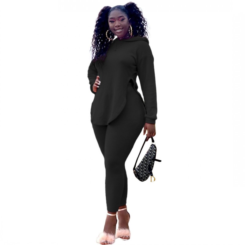 

2020 Autumn New Two Piece Set Women Hooded Split Long Sleeve Tops And Elastic Waist Skinny Pants Set Casual Solid Two Piece Sets, Orange