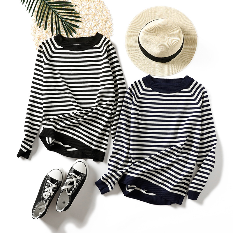 

Stripe Long Sleeve Black Knitted Sweater Women Tops Autumn O-Neck Short Pullover Casual Jumper Pull Femme