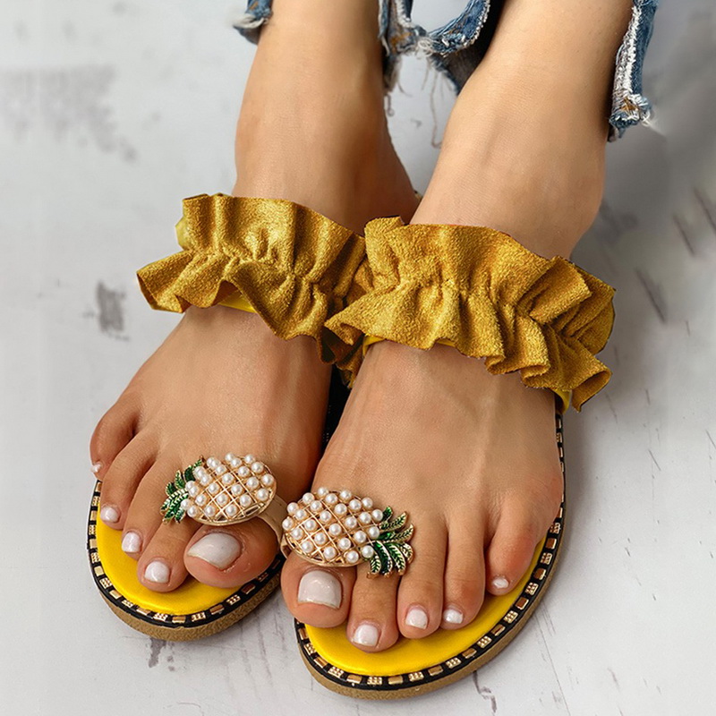 

2020 Hot Summer Flat Heel Women Ladies Sandals Toe Ring Bohemia Sandals Ananas Flat Shoe Outdoor Holiday Slis 35-43, Yellow