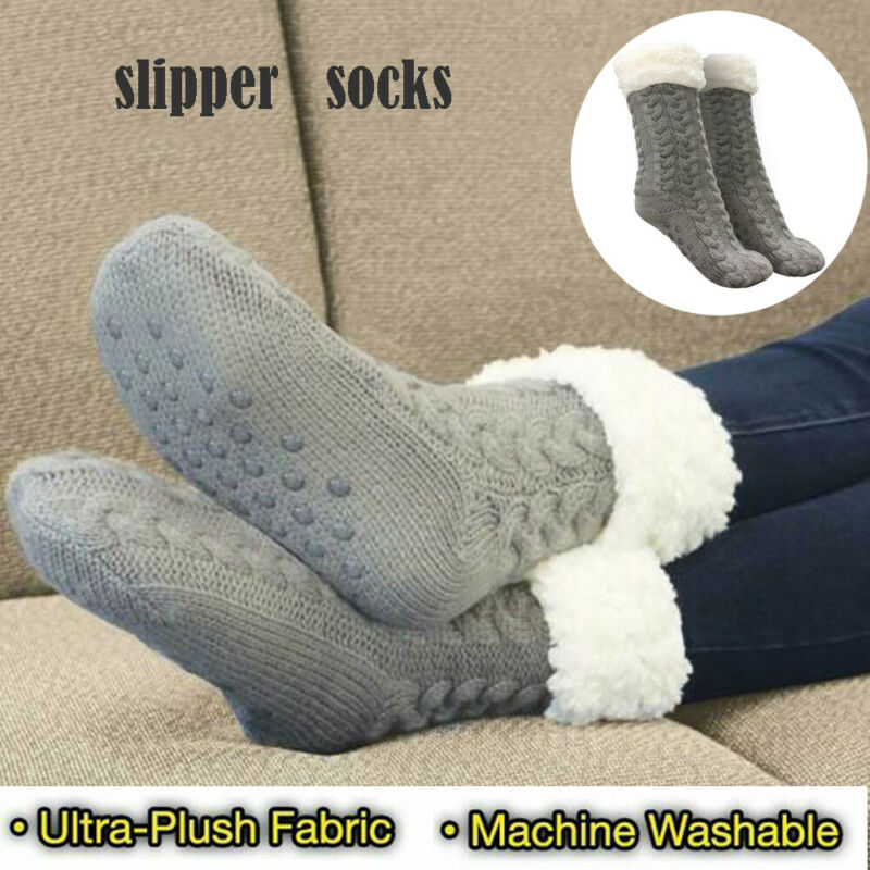

Women Winter Autumn AntiSlipper Socks Ladies Warm Fleece Lined Non-Slip Chunky Slipper Socks 4-7, Gray