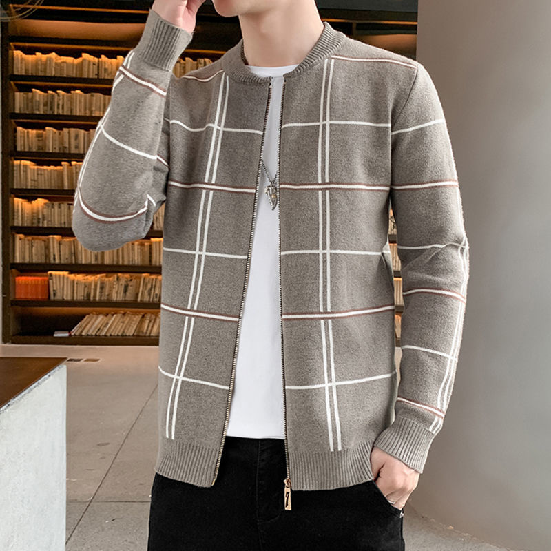 

2020 Autumn Winter New Men's Knitted Cardigan Korean Fashion Plaid Sweaters Slim Casual Zipper Striped Coat Student Coats L62, Dark gray
