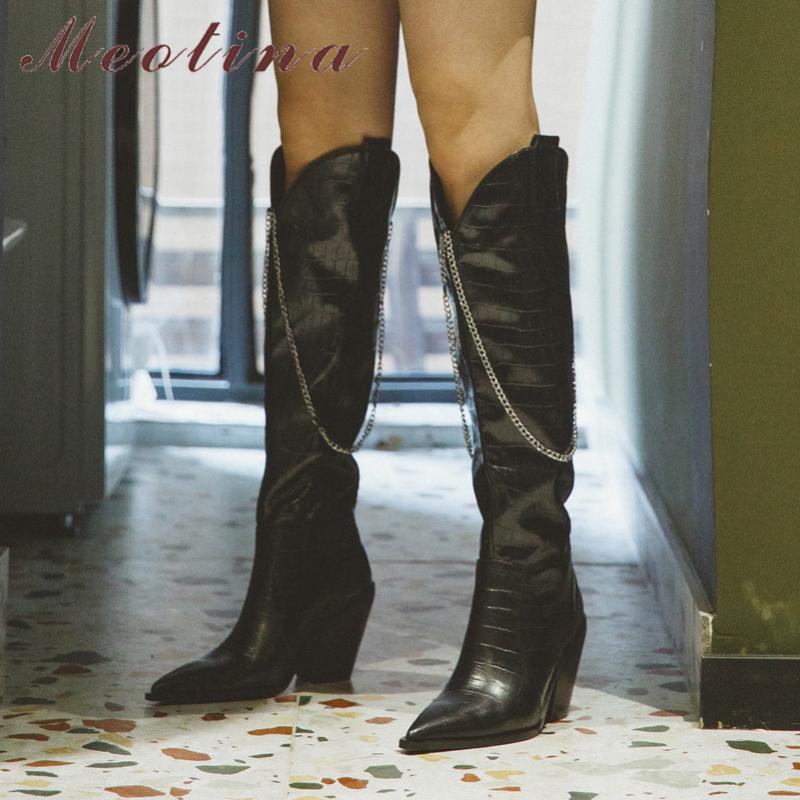 

Meotina Pleated Real Leather Super High Heel Western Boots Knee High Boots Women Shoes Pointed Toe Thick Heels Chain Long, Black