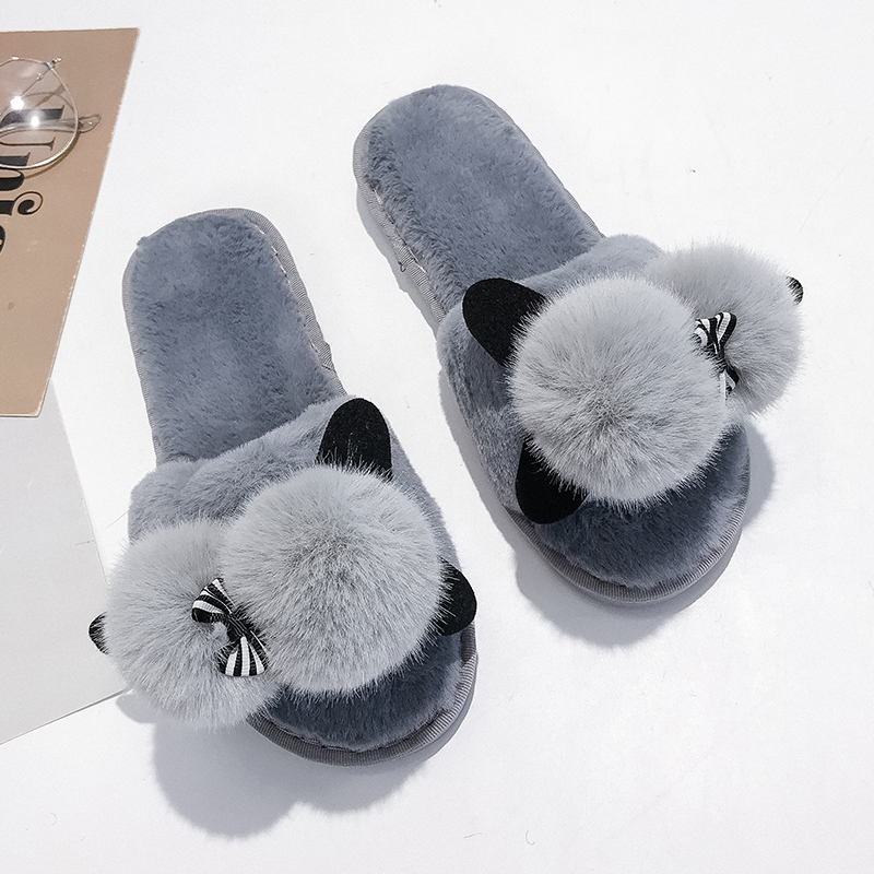 

Plus Size Nice Autumn Women Slippers Daily Lovely Fur Ball Shoes Woman For Home Fur Inside Female Flat Heels Warm Flip Flops, Black
