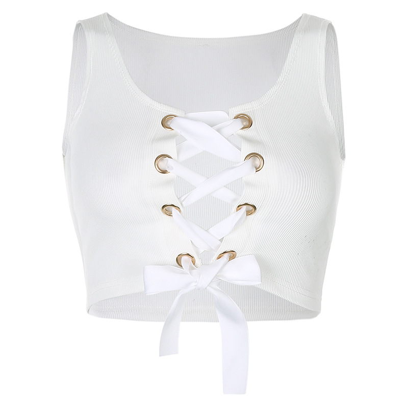 

Summer female chest lacing hollow-out sexy slim short crop navel condole belt vest, White