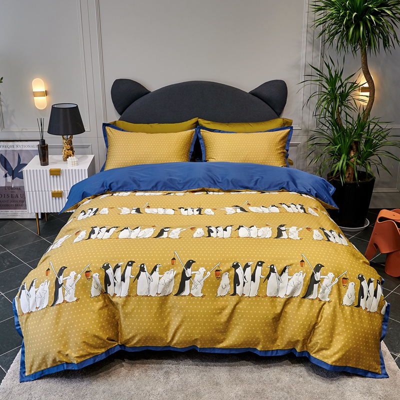

Kids cartoon Egyptian cotton bedding girls boys bed linen yellow blue soft duvet cover king queen bedspread, As pic