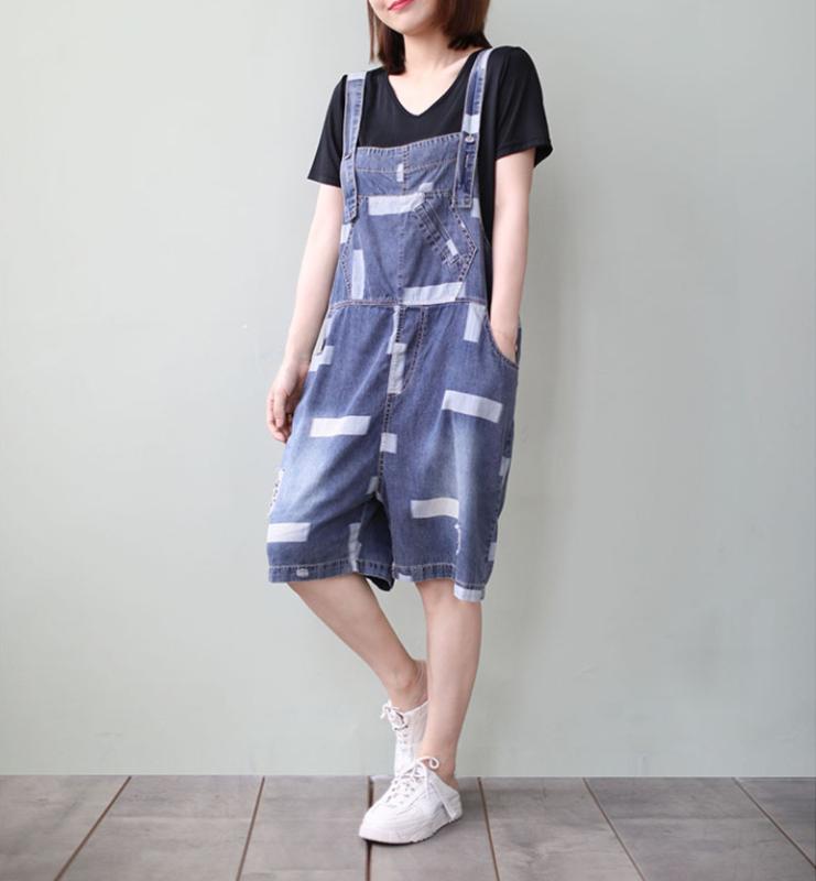

Summer Denim Jumpsuits Women Bleached Loose Hole Casual Female Wild Playsuits, Blue