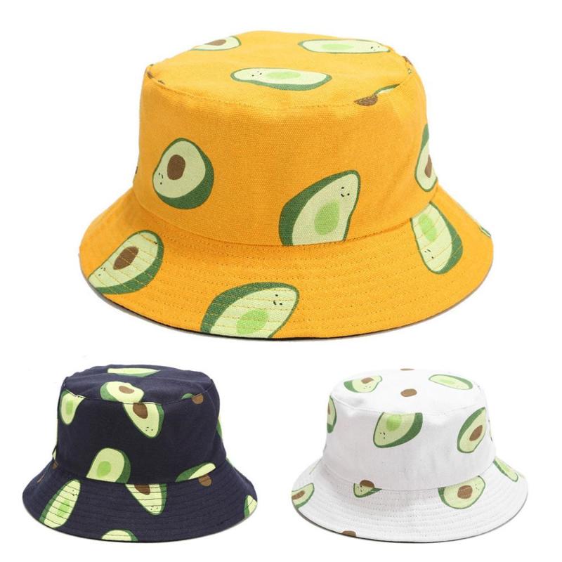 

Avocado Printing Bucket Hat Double-sided Wearing Summer Visor Folding Fishing Cap Hot Selling Fishman Hat Support Wholesale, White