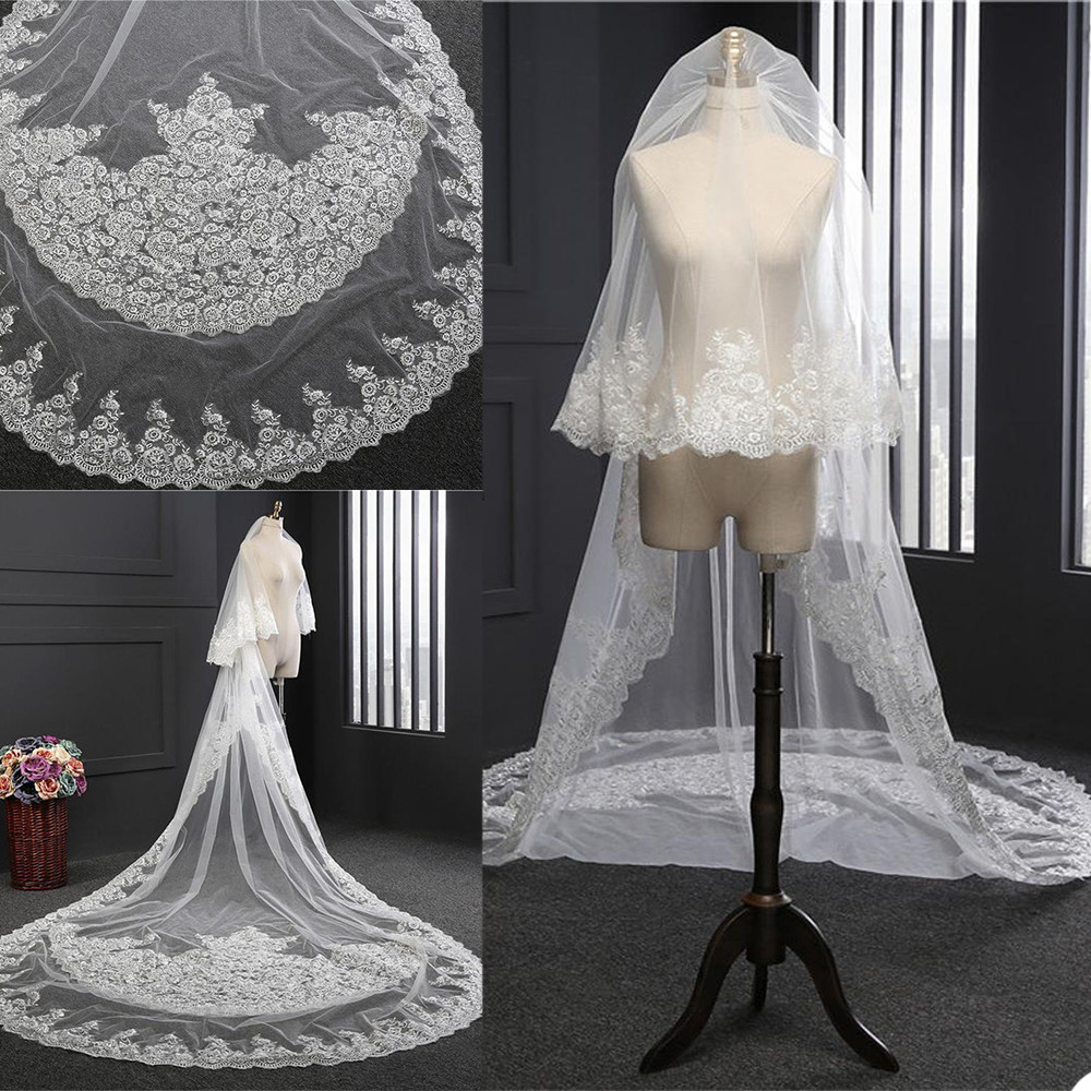 

2020 New Wedding Veils Cathedral Length Bridal Veils Appliques Lace Edge Appliqued 3m 2 Layers Blusher Face Wedding Veil Customized, White