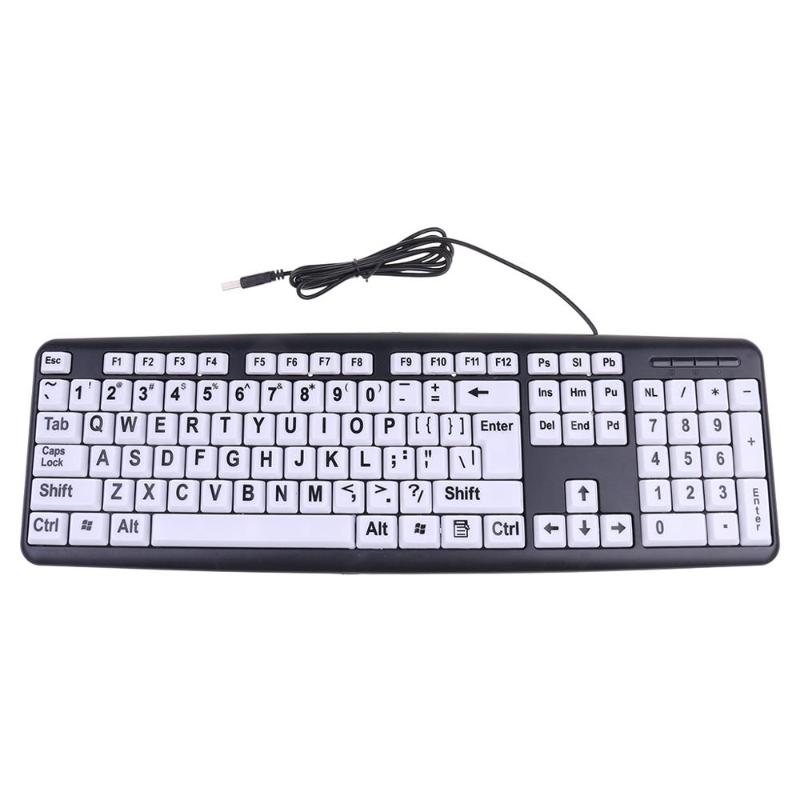 

USB Wired PC Computer Gaming Keyboard High Contrast Large Print White Keys Black Letter for Old People Visual Impairments People