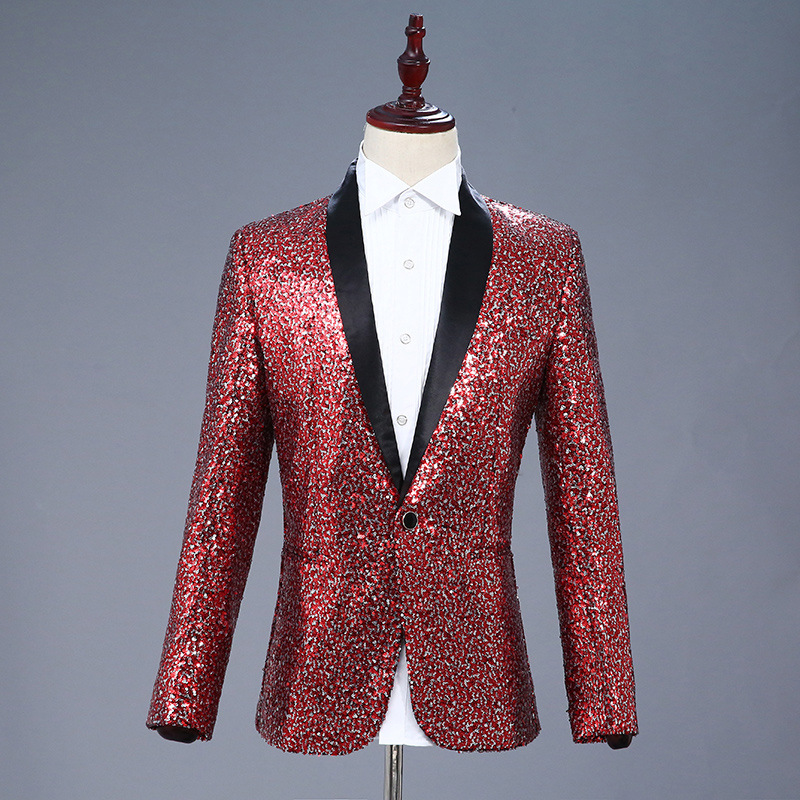 

Mens Shawl Collar Sequin Blazer Jacket Wedding Groom Prom Men Blazer Slim Fit Tuxedo Homme Nightclub Stage Singer Costume, Blue