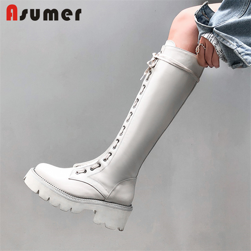 

Asumer 2020 top quality genuine leather shoes women knee high boots round toe punk square heel platform shoes woman riding boots, Black