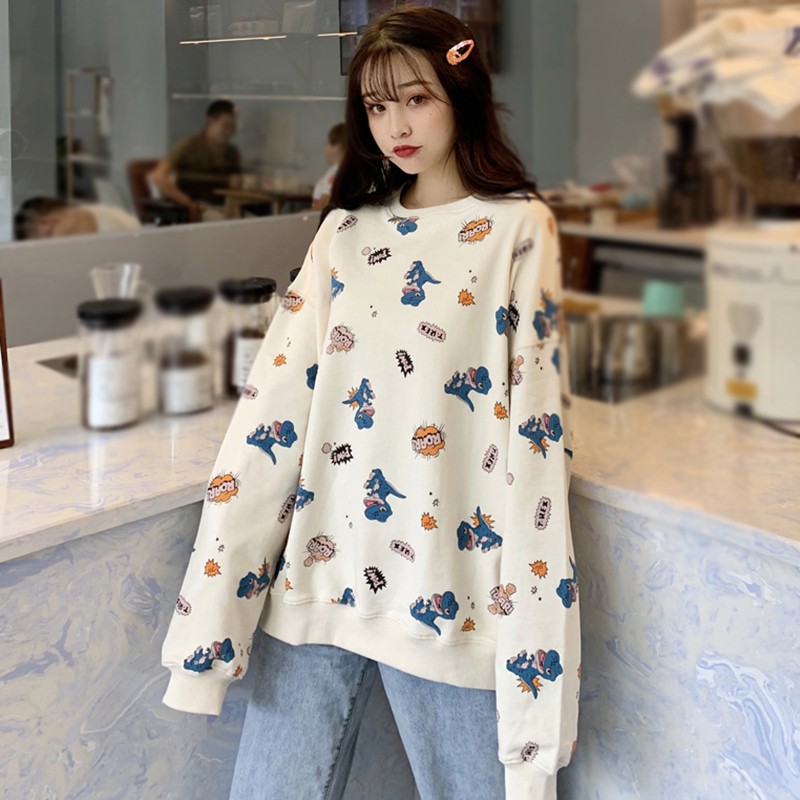 

Women T-Shirts Autumn Korean Style Fashion Cartoon Print Loose Long-Sleeved Top 2020 Women Clothing, White