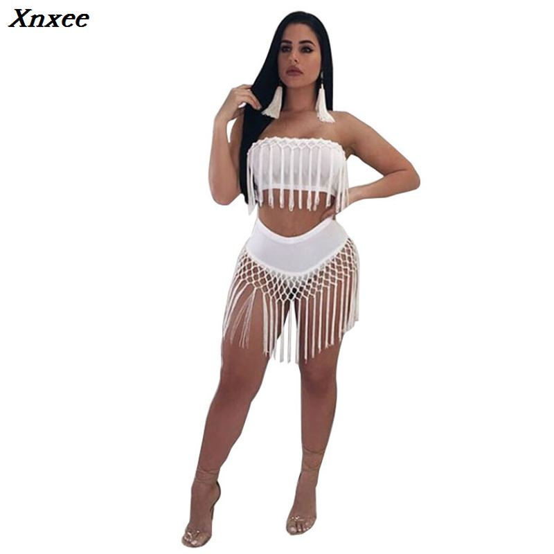 

Xnxee summer cropped white 2 piece set Sexy Fashion club Tassels women set strapless backless two piece top and pants shorts