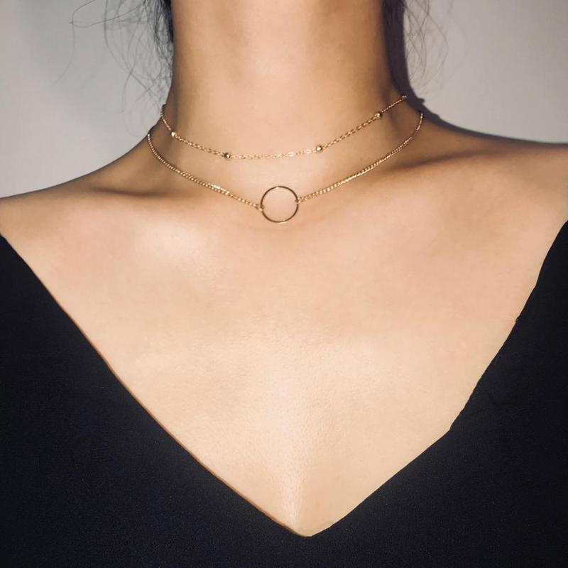 

gold necklace wholesale Fashion Double Layer Necklace Round Multi Layered Choker chains For Women free shiping items