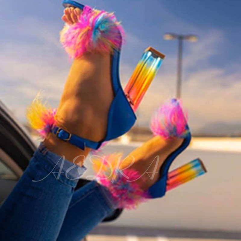 

Crystal chunky heels sandals mixed colorful women fur shoes peep toe pumps, Blue