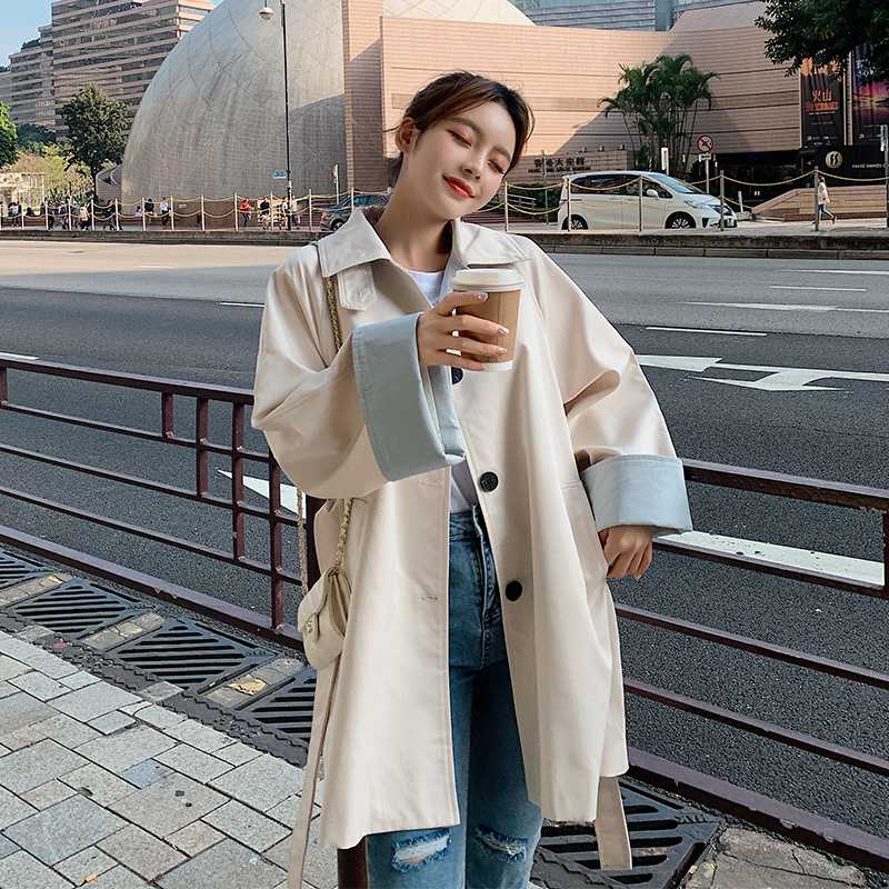 

Korean Trench Coat Woman 2020 Spring Autumn New Casual Long sleeve Lace up Hit color Windbreaker Women Overcoat Wild Coats G096, Khaki