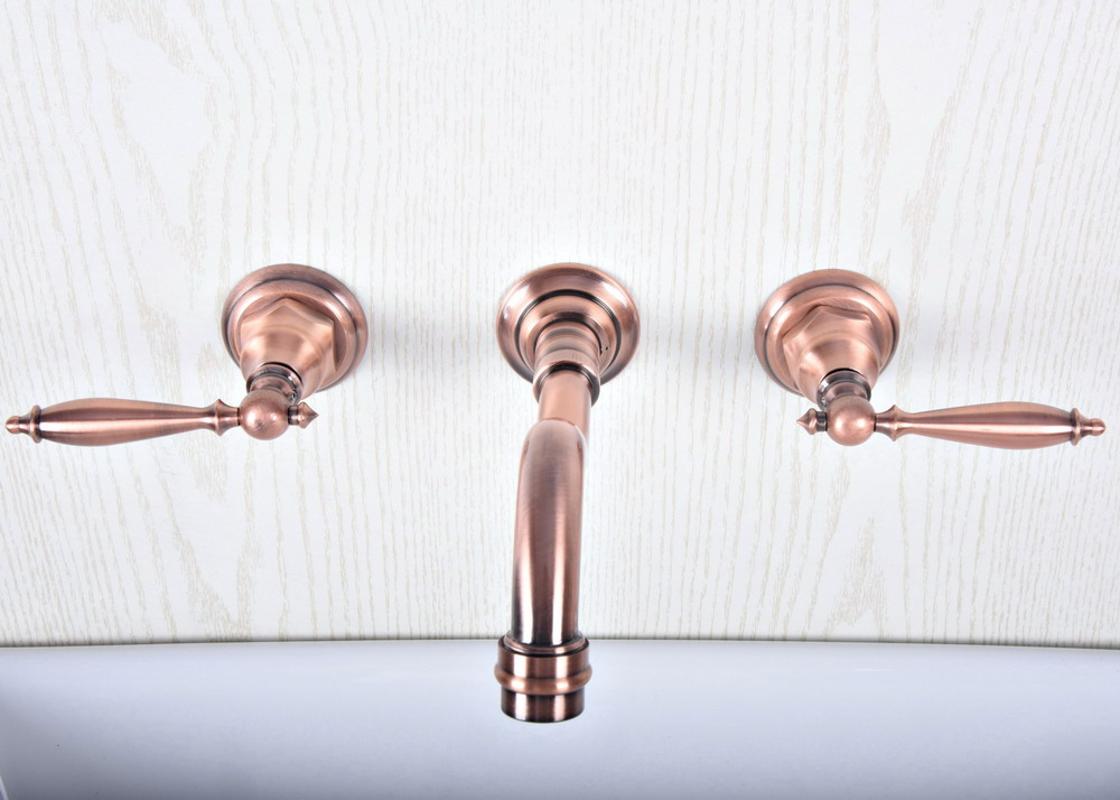 

Antique Red Copper Finish Wall Mounted Bathroom Basin Faucet Double Handles Widespread 3 Holes Mixer Tap Lsf502