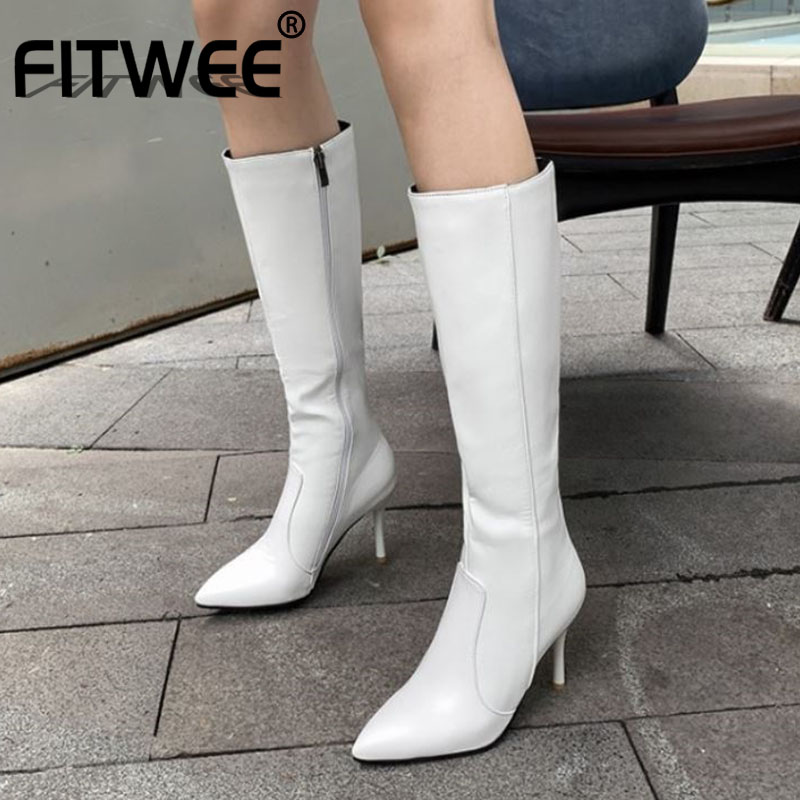 

FITWEE Knee High Boots For Women Pointed Toe Zipper Thin High Heel Solid Color Sexy Shoes Ladies Footwear Winter Size 34-43, Black