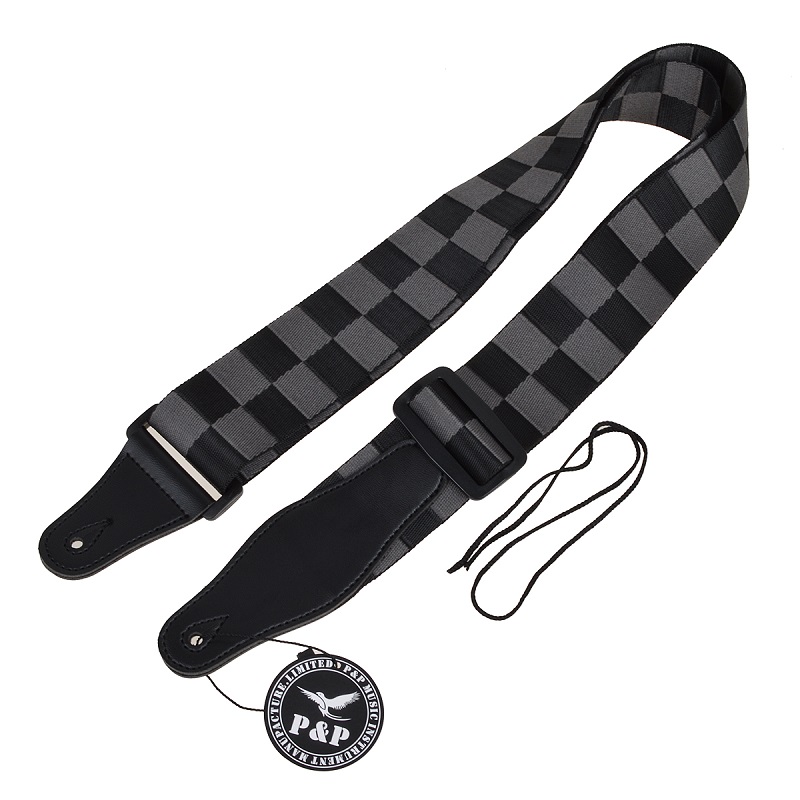 

Acoustic Electric Guitar Strap Woven Black Gray Checkerboard Nylon Leather Ends