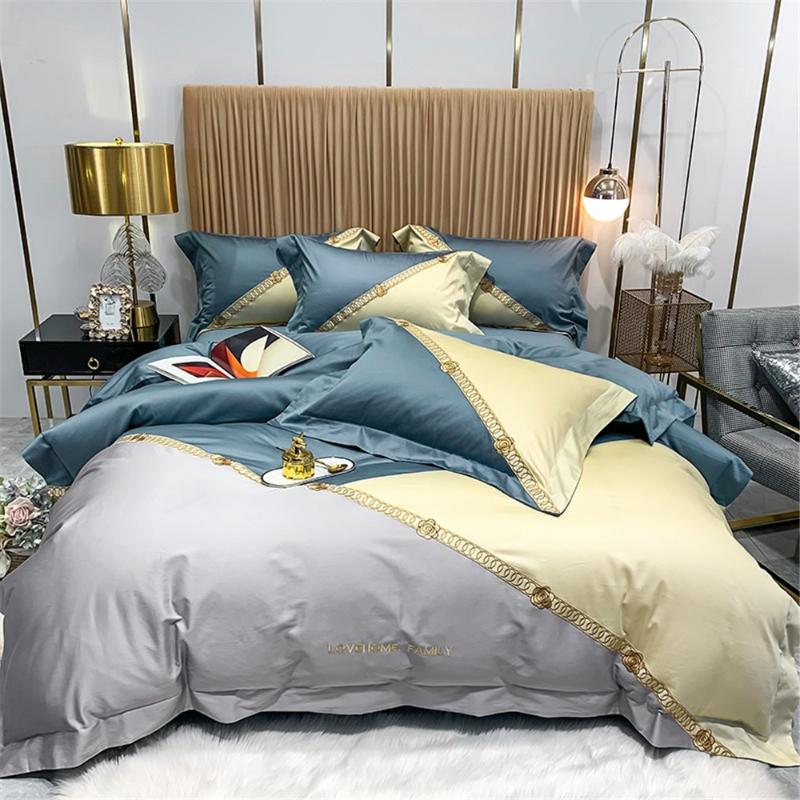 

4 Piece Bedding Set Luxury Egyptian Cotton Duvet Cover Set Blue and Gray Bed Linen Queen King Size Bedclothes Gold Embroidered