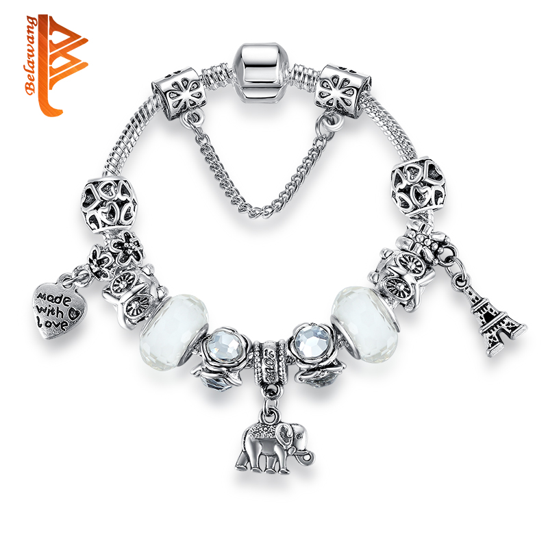 

BELAWANG Silver Color Eiffel Tower Charm Bracelet Crystal/Glass Beads Charm Bracelets Bangles For Women