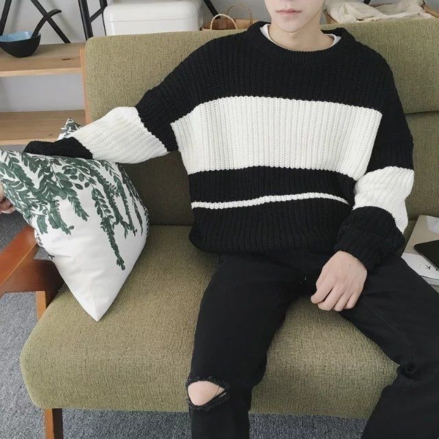 

Hong Kong Style Man's Sweater Winter Korean Version Fashion Cool All-match Loose Autumn and Winter Men's Collar School Style, Black