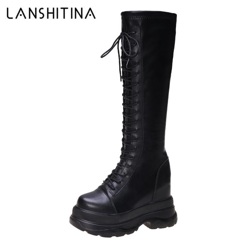 

2020 Winter Women Knee High Boots Wedges 10cm High Heels Platform Long Boots Women PU Leather Sneakers Motorcycle Woman, Beige