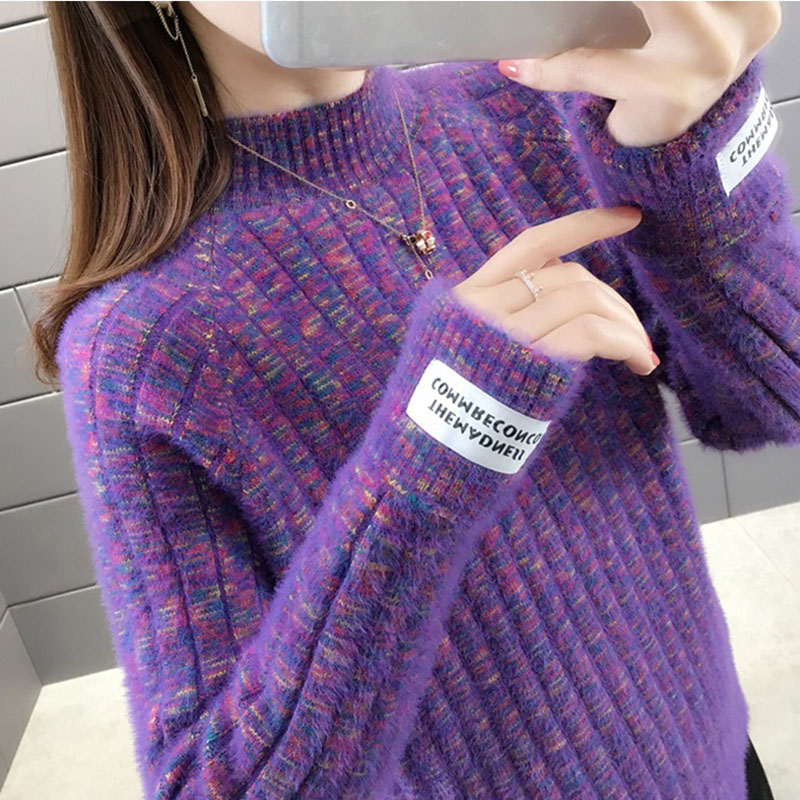 

Turtleneck Women Sweater Pullover 2020 New Winter Imitation Mink Velvet knitted Sweater Loose Ladies Jumper Primer shirt, Gray