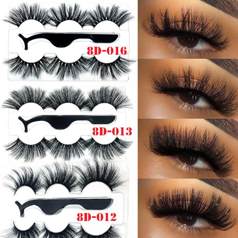

25mm Extension 3 Pairs 8D Mink False Eyelashes with a Tweezer Crisscross Thick Long Fluffy Eyelashes Handmade Makeup