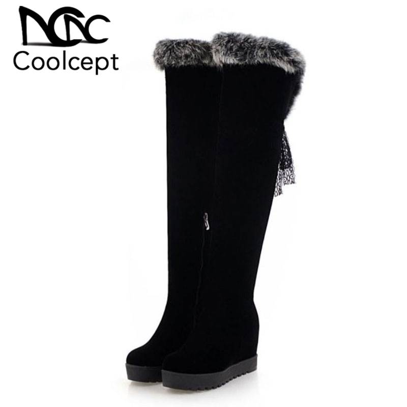 

CoolCept 2020 Woman High Quality Winter Fur Over Knee Boots Daily Fashion Black Wedges Sexy Long Boots Footwear Size 34-42