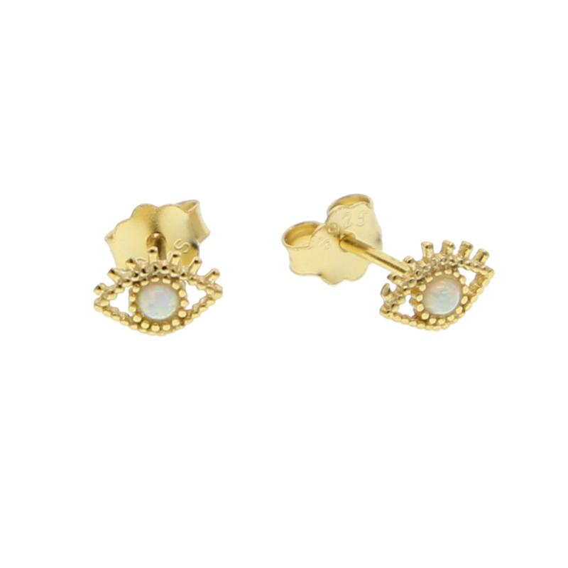 

Minimal fine silver jewelry 100% 925 sterling silver white opal gemstone Small evil eye stud earring