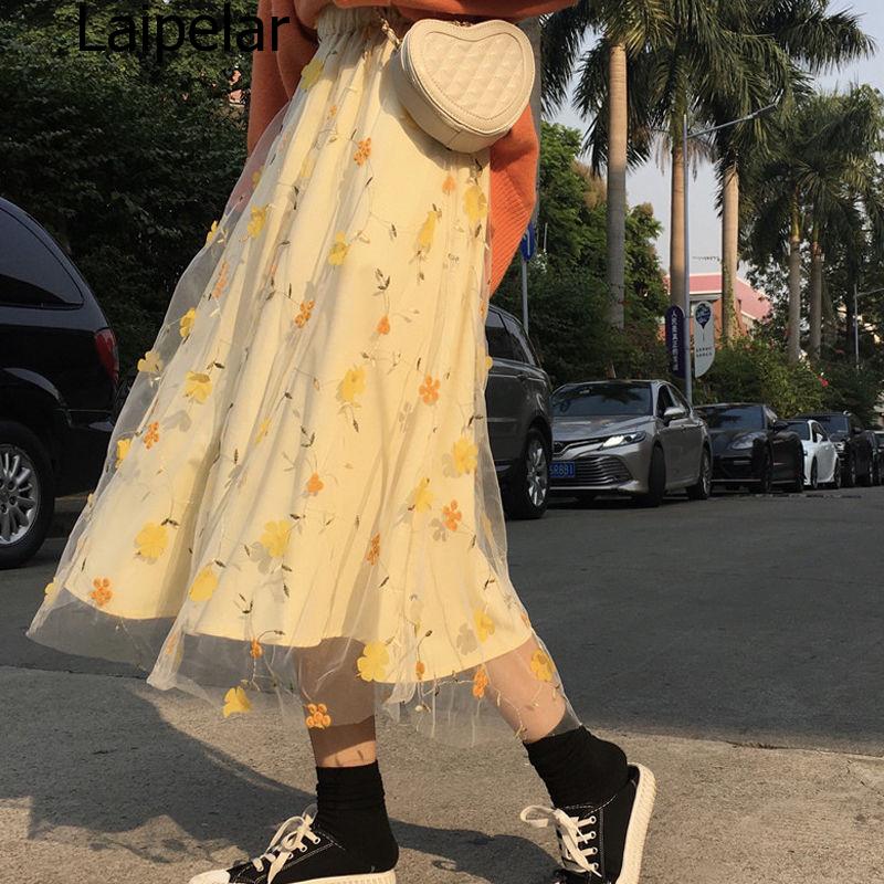

Yellow 3D Flower Lace Skrit Women High Waist Mesh Long Skrit Female Elegant Midi Tulle Skirt Sweet Cute Student School Wear Saia, Beige
