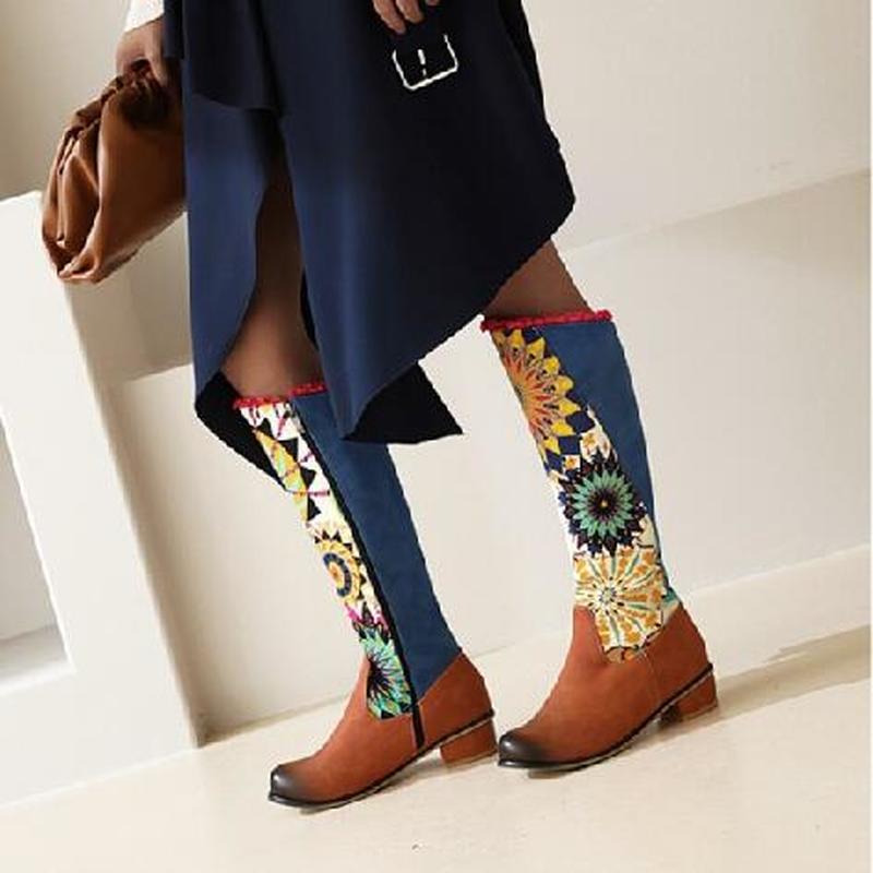 

women knee high boots chunky low heels autumn ethic shoes plus size gladiator pu leather booties woman mujer zapatos mujer d1796, Black