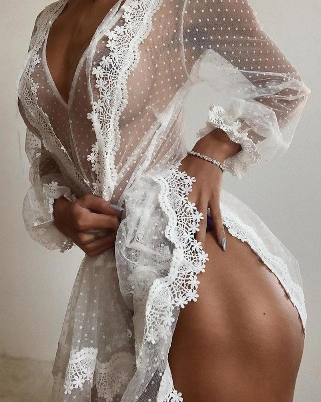 

Hot sale Sexy Women Push-Up Lace Transparent Pajamas, Floral Erotic Lingerie for Women pajamas, White