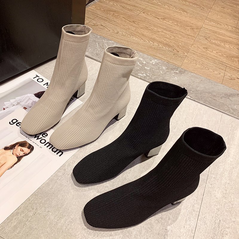 

Elastic Boots Women's 2020 Autumn and Winter New High Heel Square Head Knitted Socks Boots, Beige